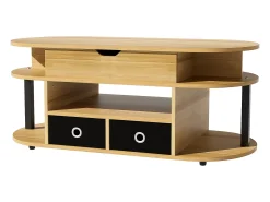 New Tavolino moderno in venature del legno, con funzione di sollevamento, spazio di archiviazione e cassetti in tessuto nero Preto