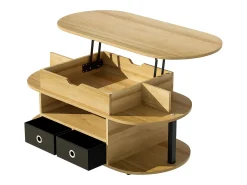 New Tavolino moderno in venature del legno, con funzione di sollevamento, spazio di archiviazione e cassetti in tessuto nero Preto