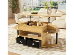 New Tavolino moderno in venature del legno, con funzione di sollevamento, spazio di archiviazione e cassetti in tessuto nero Preto