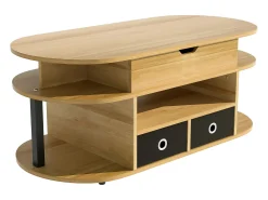 New Tavolino moderno in venature del legno, con funzione di sollevamento, spazio di archiviazione e cassetti in tessuto nero Preto