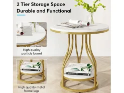 Mesa De Apoio|Tribesigns Tábua de apoio redonda em ouro com dois níveis, Mesa de cabeceira moderna, Pequena tábua de apoio com prateleira de armazenamento Branco