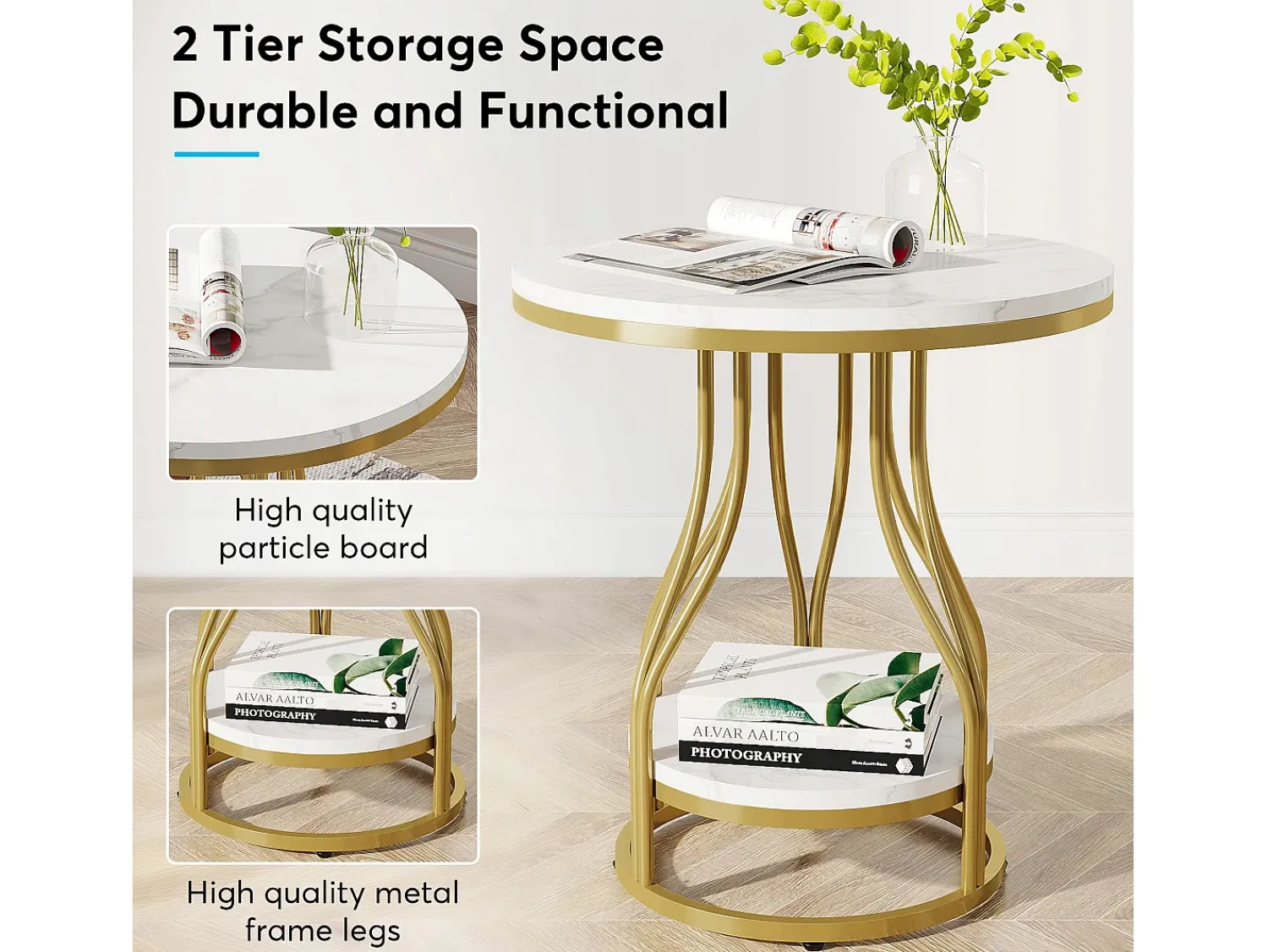 Mesa De Apoio|Tribesigns Tábua de apoio redonda em ouro com dois níveis, Mesa de cabeceira moderna, Pequena tábua de apoio com prateleira de armazenamento Branco