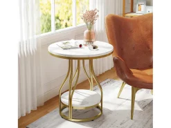 Mesa De Apoio|Tribesigns Tábua de apoio redonda em ouro com dois níveis, Mesa de cabeceira moderna, Pequena tábua de apoio com prateleira de armazenamento Branco