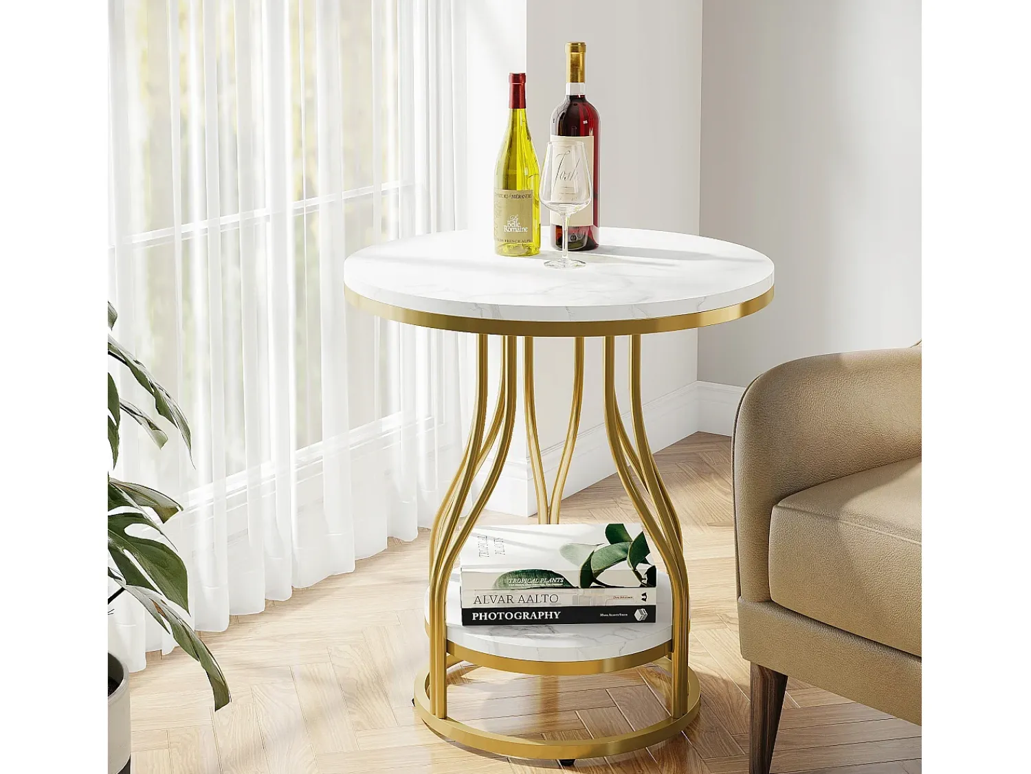 Mesa De Apoio|Tribesigns Tábua de apoio redonda em ouro com dois níveis, Mesa de cabeceira moderna, Pequena tábua de apoio com prateleira de armazenamento Branco