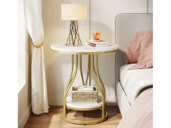 Mesa De Apoio|Tribesigns Tábua de apoio redonda em ouro com dois níveis, Mesa de cabeceira moderna, Pequena tábua de apoio com prateleira de armazenamento Branco