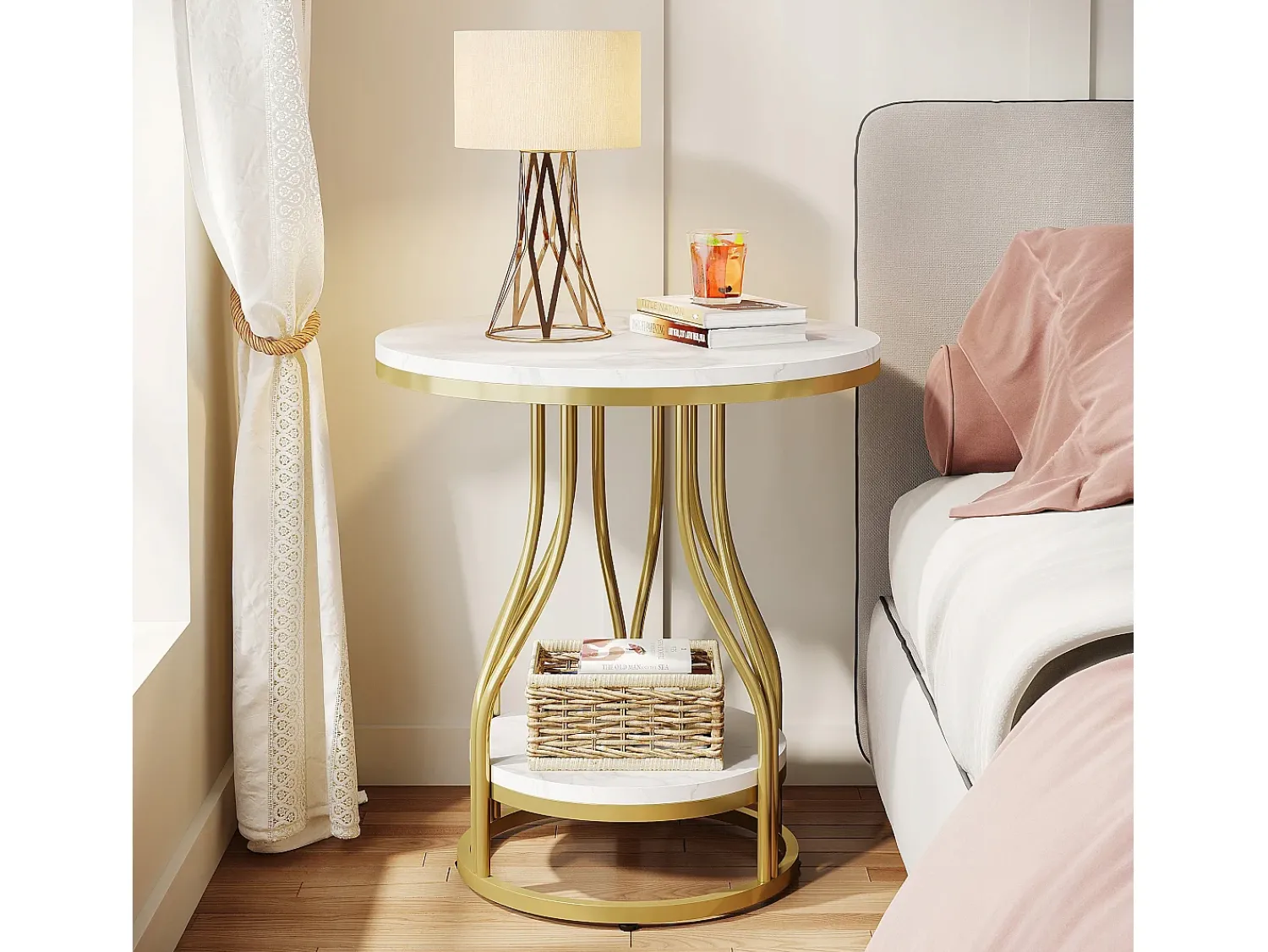 Mesa De Apoio|Tribesigns Tábua de apoio redonda em ouro com dois níveis, Mesa de cabeceira moderna, Pequena tábua de apoio com prateleira de armazenamento Branco