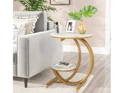 Clearance Tribesigns Tábua de apoio Redonda Moderna de 2 níveis com estrutura em forma de C, Pequena tábua de apoio Baixa, /dourado (1) Branco