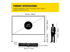 Móvel De Tv| Tela de Cinema ao Ar Livre SucceBuy com Suporte - 381cm, 16:9 HD 4K Portátil para o Interior e o Exterior Cinema em Casa Jogos Escritório Preto