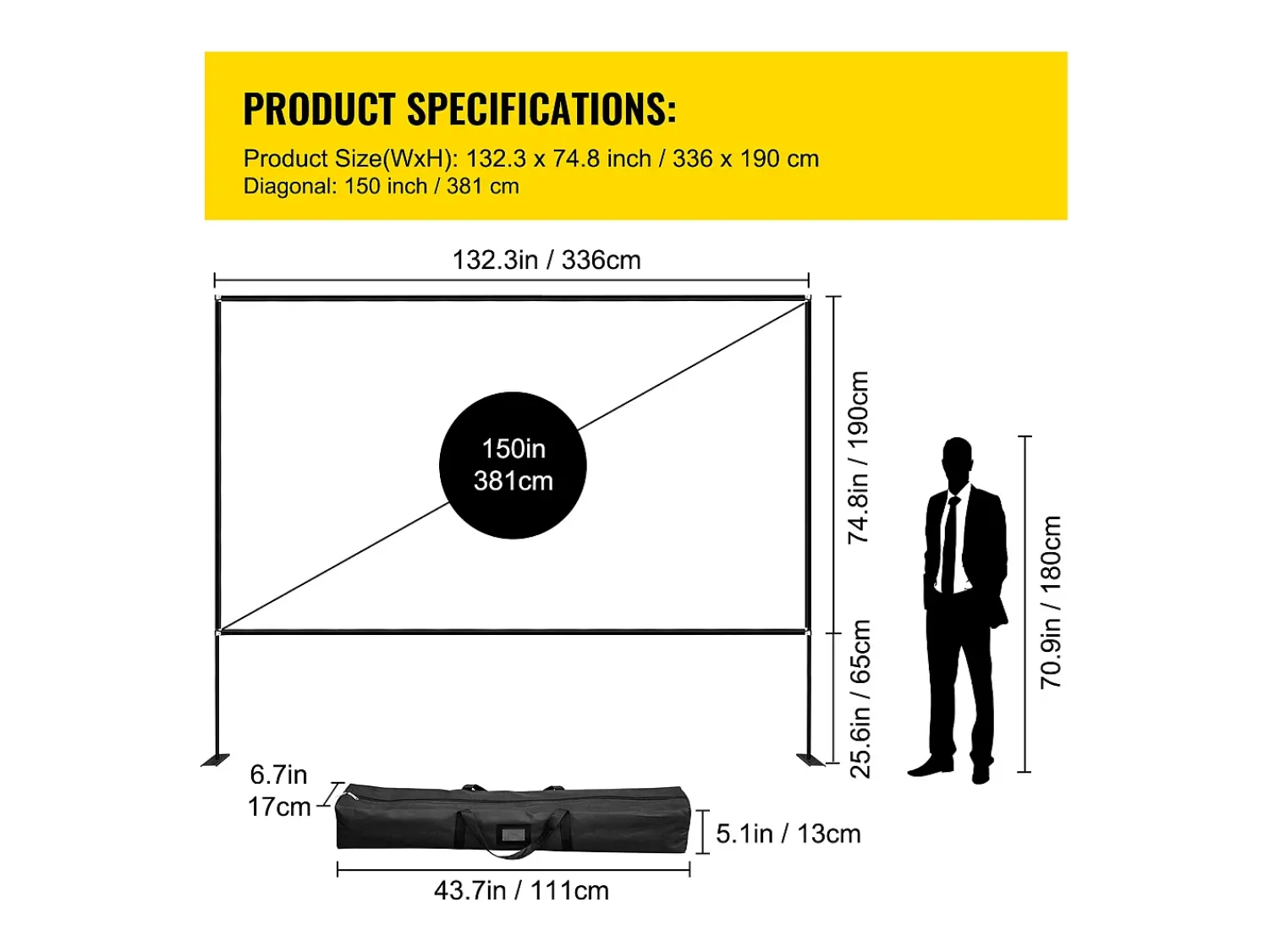 Móvel De Tv| Tela de Cinema ao Ar Livre SucceBuy com Suporte - 381cm, 16:9 HD 4K Portátil para o Interior e o Exterior Cinema em Casa Jogos Escritório Preto