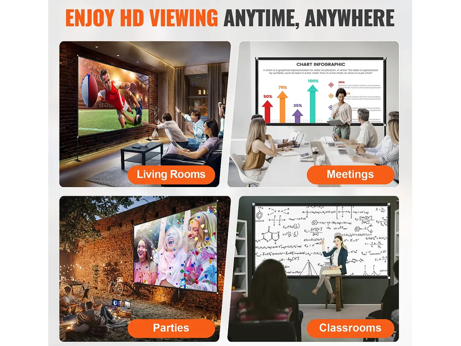 Móvel De Tv| Tela de Cinema ao Ar Livre SucceBuy com Suporte - 381cm, 16:9 HD 4K Portátil para o Interior e o Exterior Cinema em Casa Jogos Escritório Preto