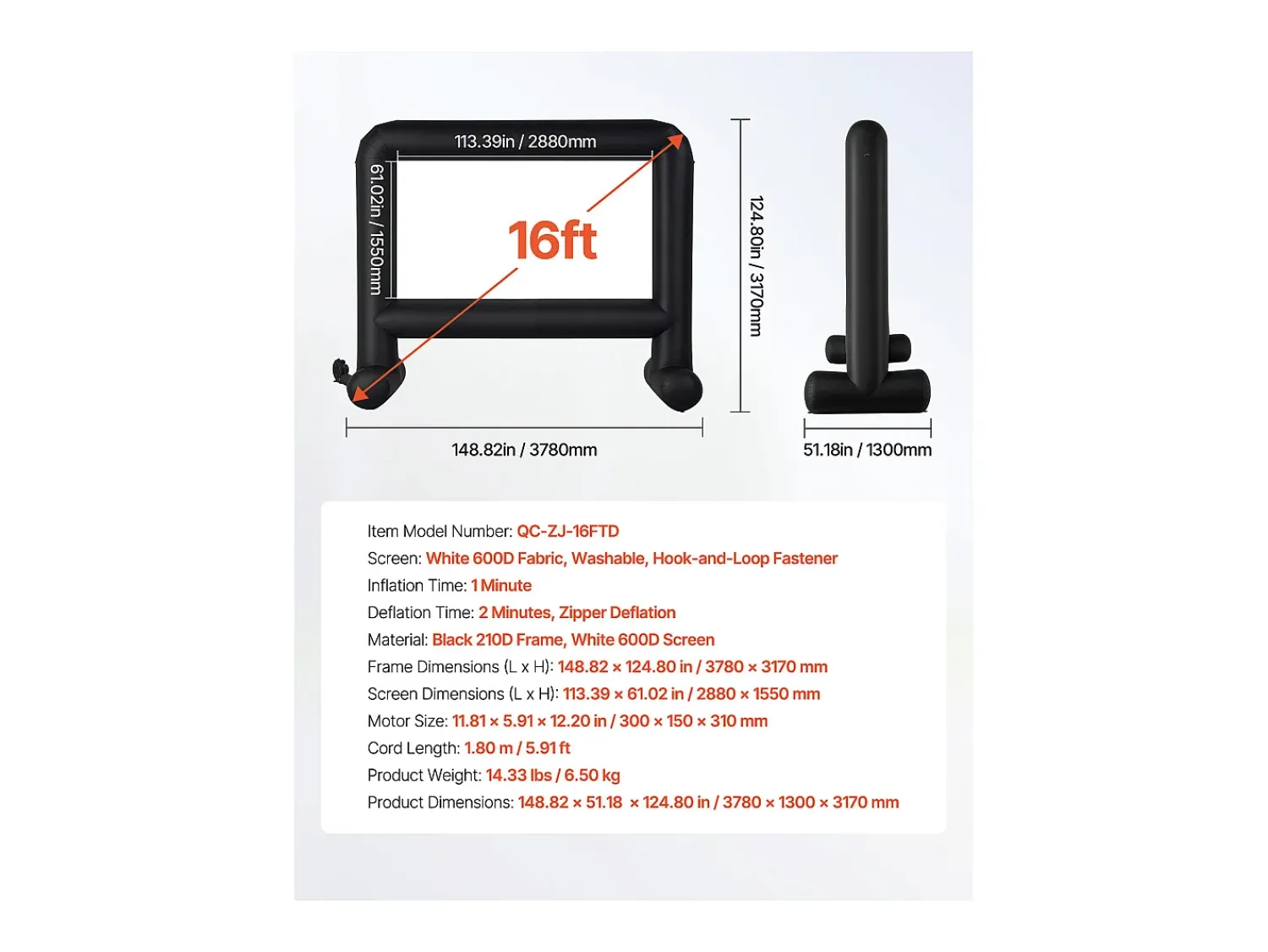 Tela de Projeção Inflável SucceBuy, Fabricada em Material 600D Durável, Inclui Saco de Armazenamento Portátil. Formato 16:9, 378 x 130 x 317 cm^ Móvel De Tv