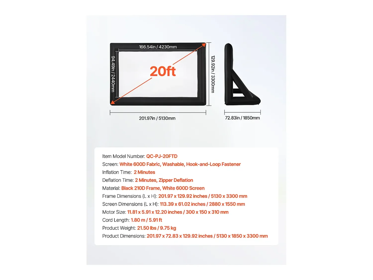 Móvel De Tv* Tela de Projeção Inflável SucceBuy, Fabricada em Material 600D Durável, Incluindo Saco de Armazenamento Portátil, Formato 16:9, 409 x 160 x 272 cm Preto