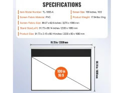 Hot Tela de Projeção Retratil Manual SucceBuy, 100 Polegadas, Razão de Aspecto 16:9, 4K, 1080 HD Branco