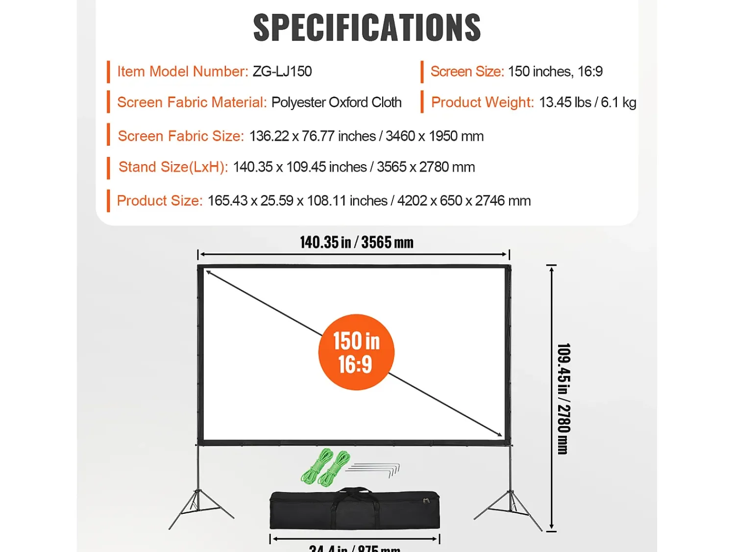 Móvel De Tv* Tela de Projeção SucceBuy Portátil com Base, 381 cm, 16:9 HD de Duas Faces Anti-rugas e Grande Ângulo de Visão, para Projetores de Cinema em Casa Multicor