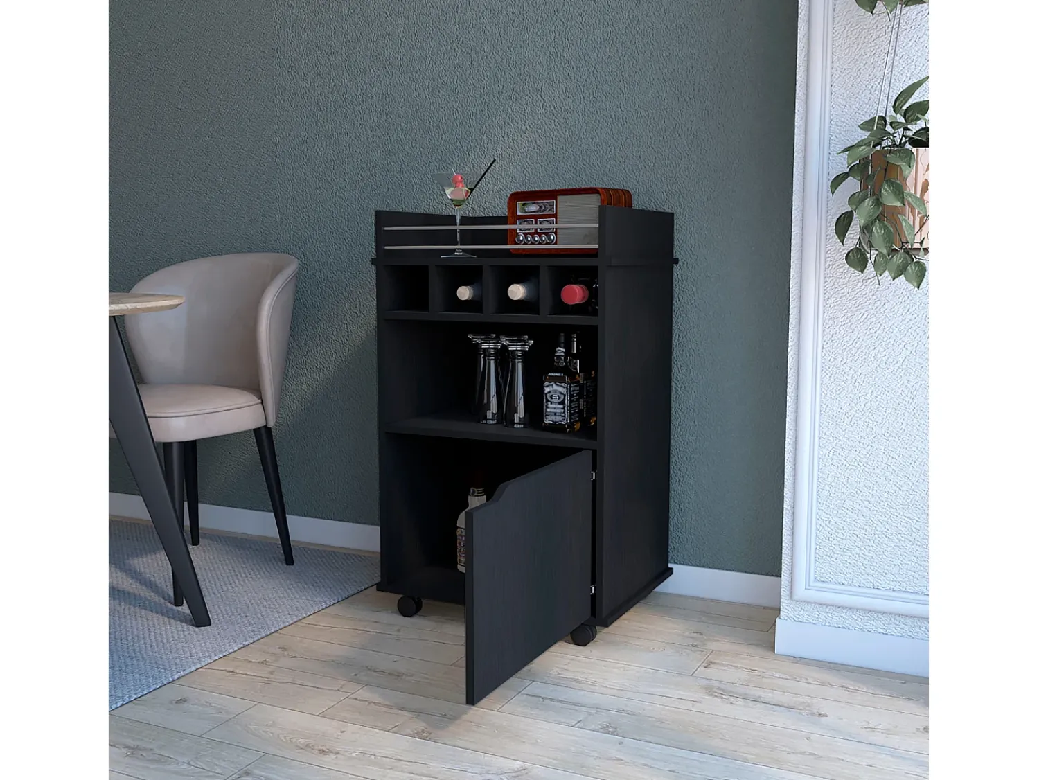Outlet TuHome Carrinho de Bar Crozier, com 1 porta, 1 prateleira e quatro porta-garrafas integrados Preto