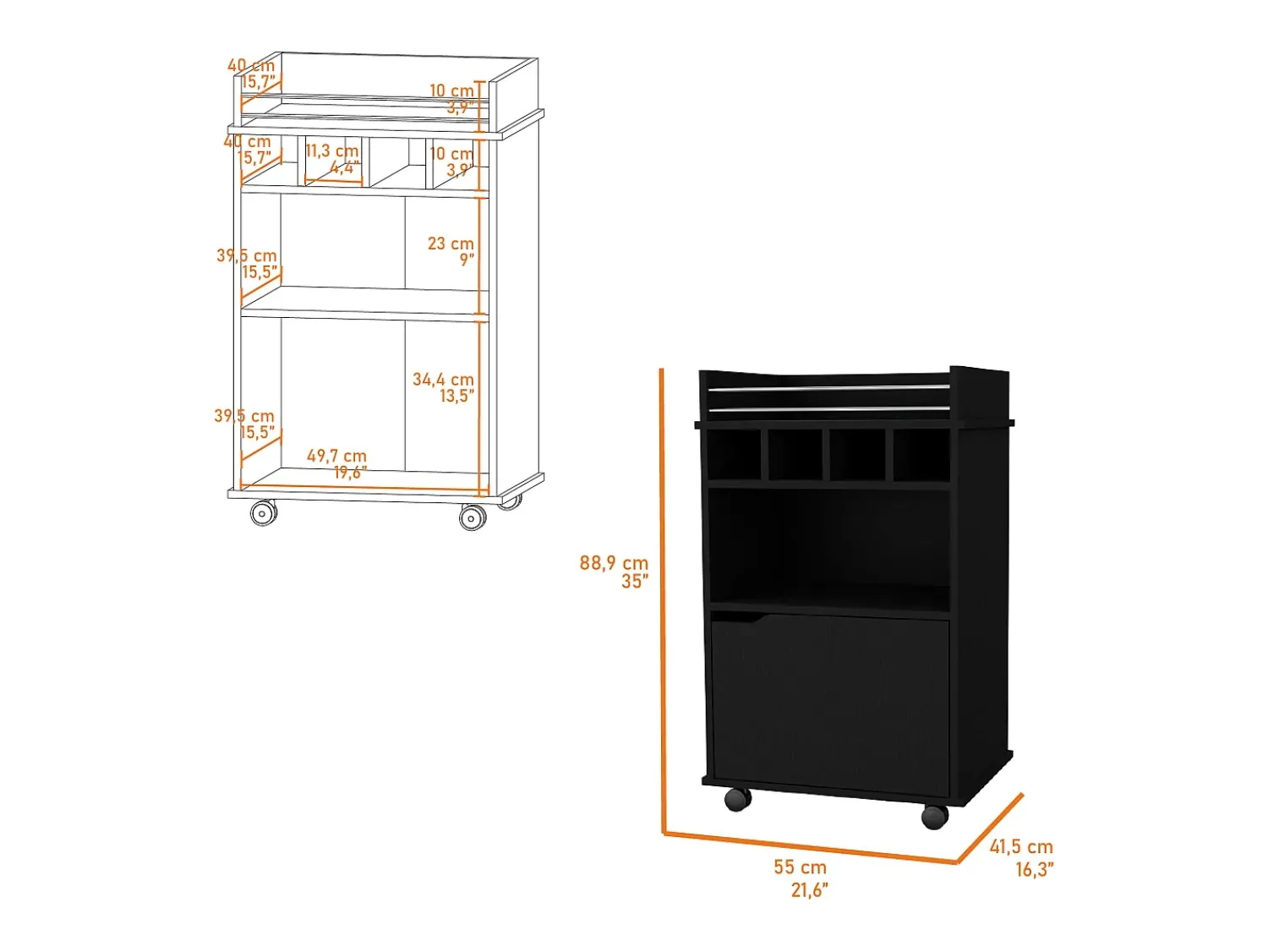 Outlet TuHome Carrinho de Bar Crozier, com 1 porta, 1 prateleira e quatro porta-garrafas integrados Preto
