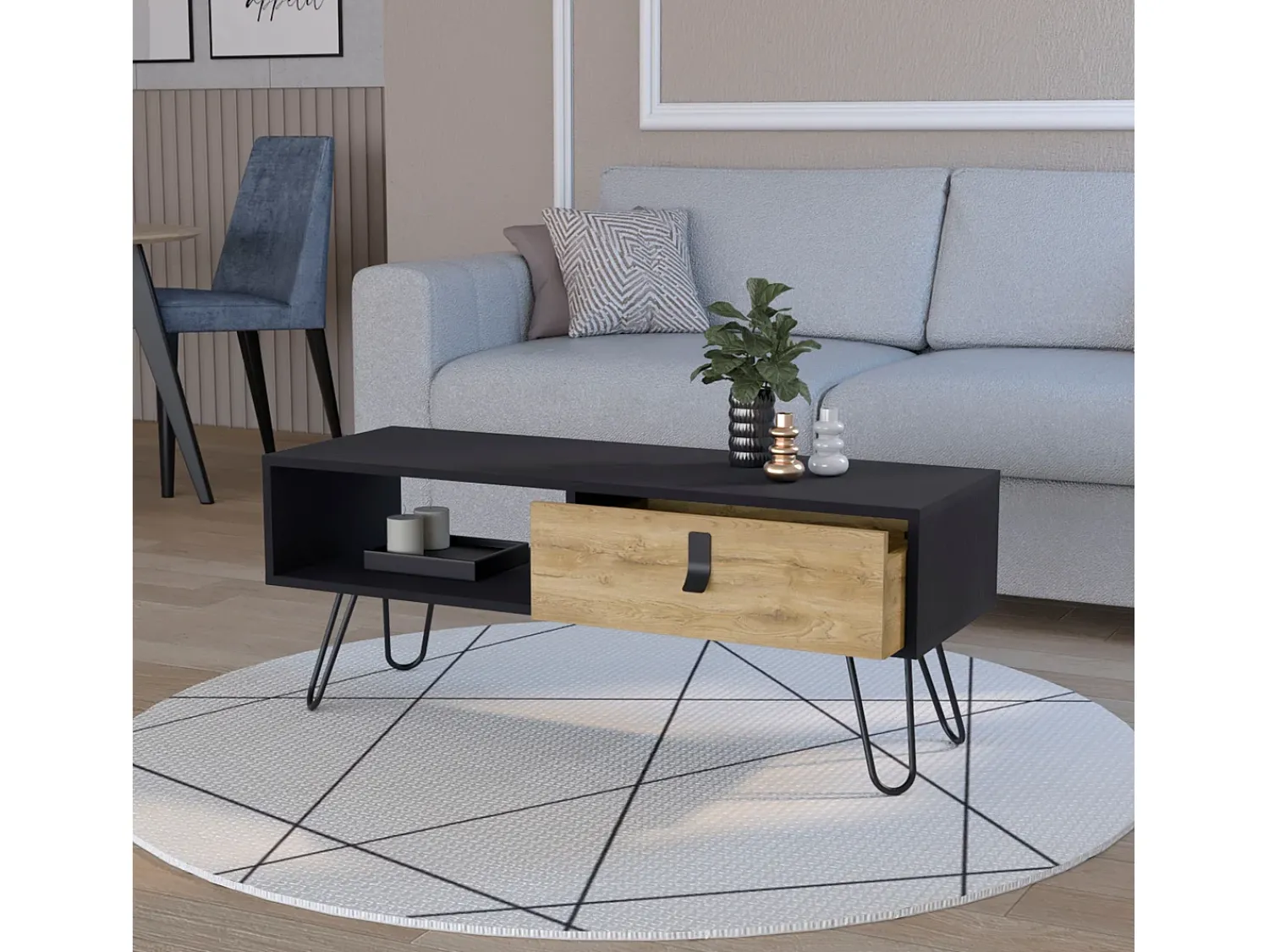 TuHome Mesa de Centro Kimball com Gaveta e Pés Hairpin, / Macadâmia^ Mesa De Centro