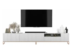 TV-meubel met 7 deuren en open nis – romp Mat wit, geribbelde fronten Mat wit – 300 cm, metalen frame^ Móvel De Tv