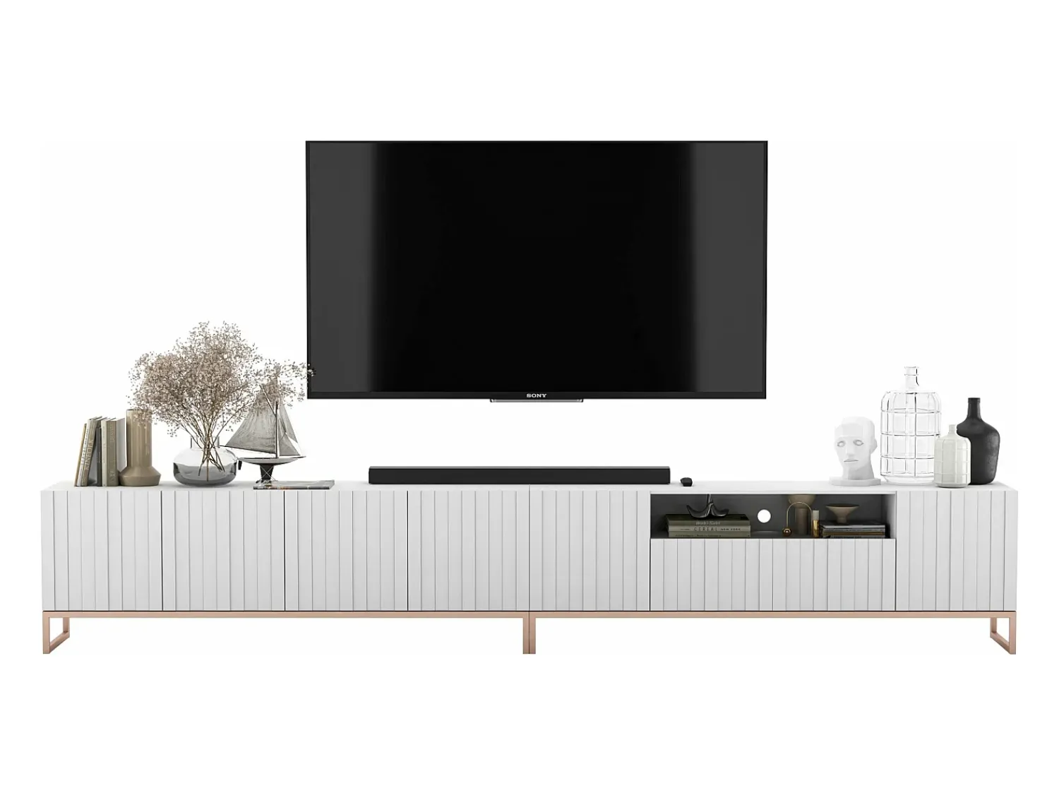 TV-meubel met 7 deuren en open nis – romp Mat wit, geribbelde fronten Mat wit – 300 cm, metalen frame^ Móvel De Tv