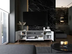 TV-meubel met 7 deuren en open nis – romp Mat wit, geribbelde fronten Mat wit – 300 cm, metalen frame^ Móvel De Tv