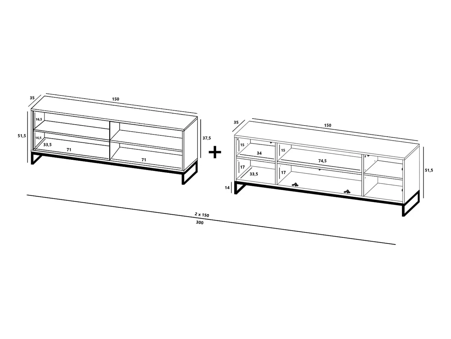 TV-meubel met 7 deuren en open nis – romp Mat wit, geribbelde fronten Mat wit – 300 cm, metalen frame^ Móvel De Tv
