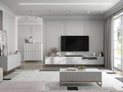 TV-meubel met 7 deuren en open nis – romp Mat wit, geribbelde fronten Mat wit – 300 cm, metalen frame^ Móvel De Tv