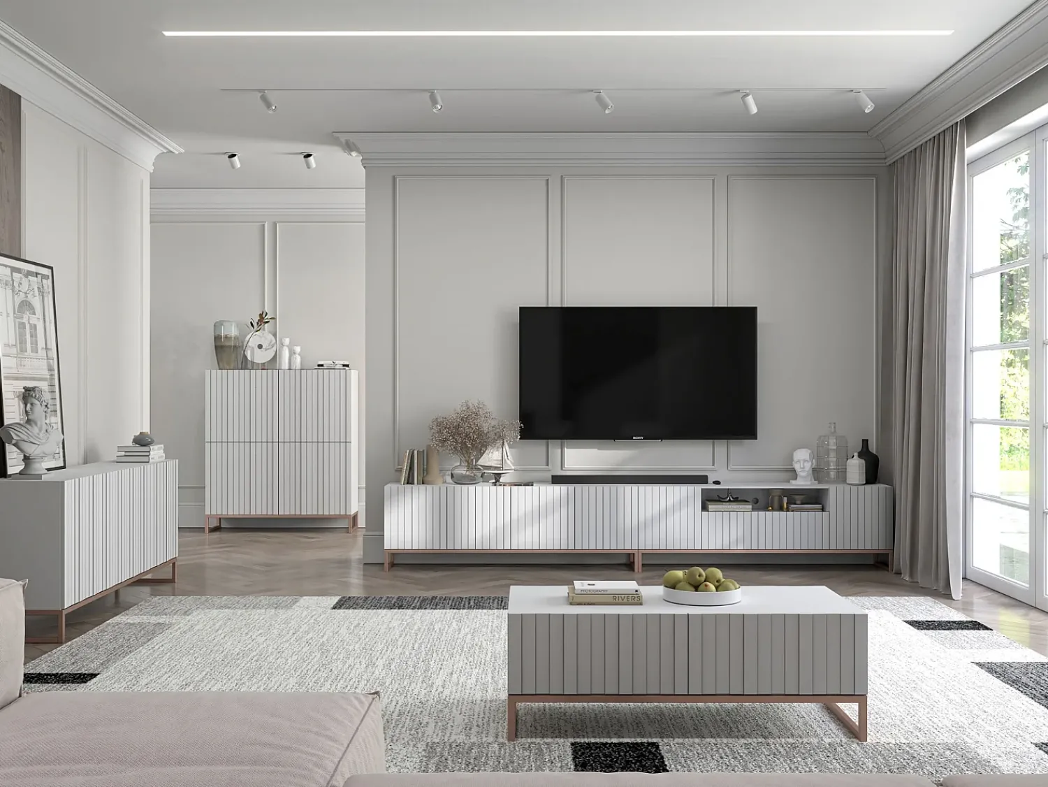 TV-meubel met 7 deuren en open nis – romp Mat wit, geribbelde fronten Mat wit – 300 cm, metalen frame^ Móvel De Tv