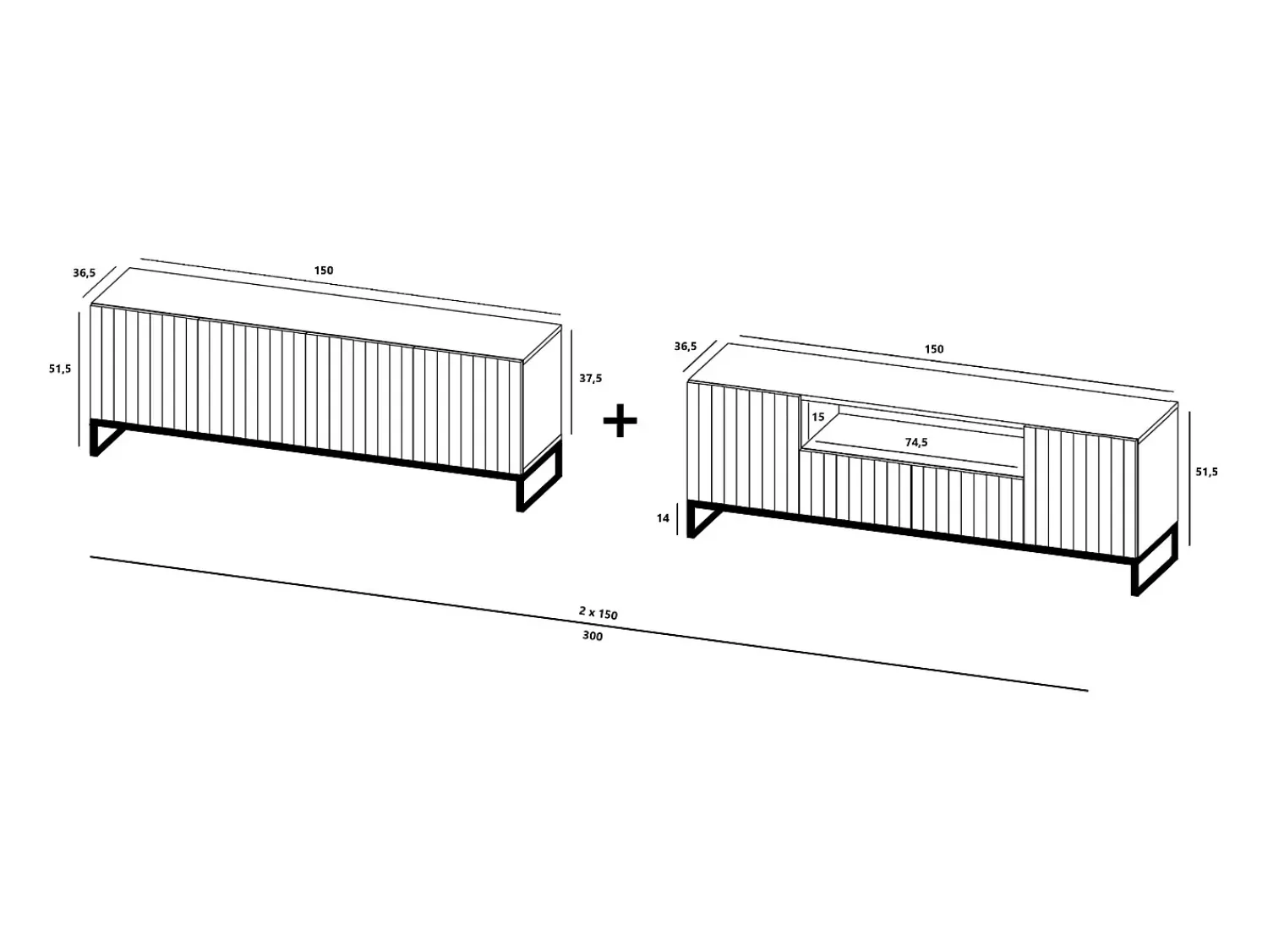 TV-meubel met 7 deuren en open nis – romp Mat wit, geribbelde fronten Mat wit – 300 cm, metalen frame^ Móvel De Tv