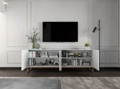 TV-meubel met 7 deuren en open nis – romp Mat wit, geribbelde fronten Mat wit – 300 cm, metalen frame^ Móvel De Tv