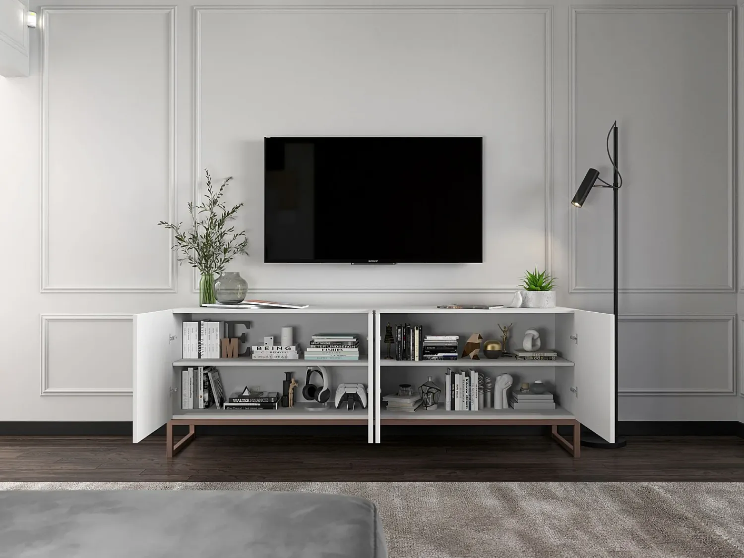 TV-meubel met 7 deuren en open nis – romp Mat wit, geribbelde fronten Mat wit – 300 cm, metalen frame^ Móvel De Tv