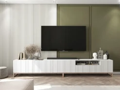 TV-meubel met 7 deuren en open nis – romp Mat wit, geribbelde fronten Mat wit – 300 cm, metalen frame^ Móvel De Tv