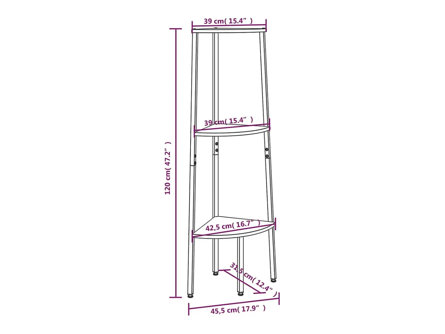 New vidaxl Unidade 3 pratel. de canto 45,5x31,5x120cm castanho-claro/preto Natural claro