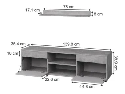 Móvel De Tv*Vicco Unidade de parede concreto/branco 139.8x35.4x38.9 berno Cinzento claro