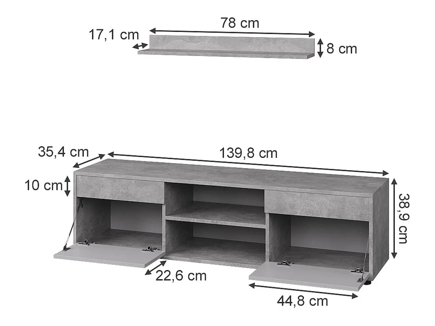 Móvel De Tv*Vicco Unidade de parede concreto/branco 139.8x35.4x38.9 berno Cinzento claro