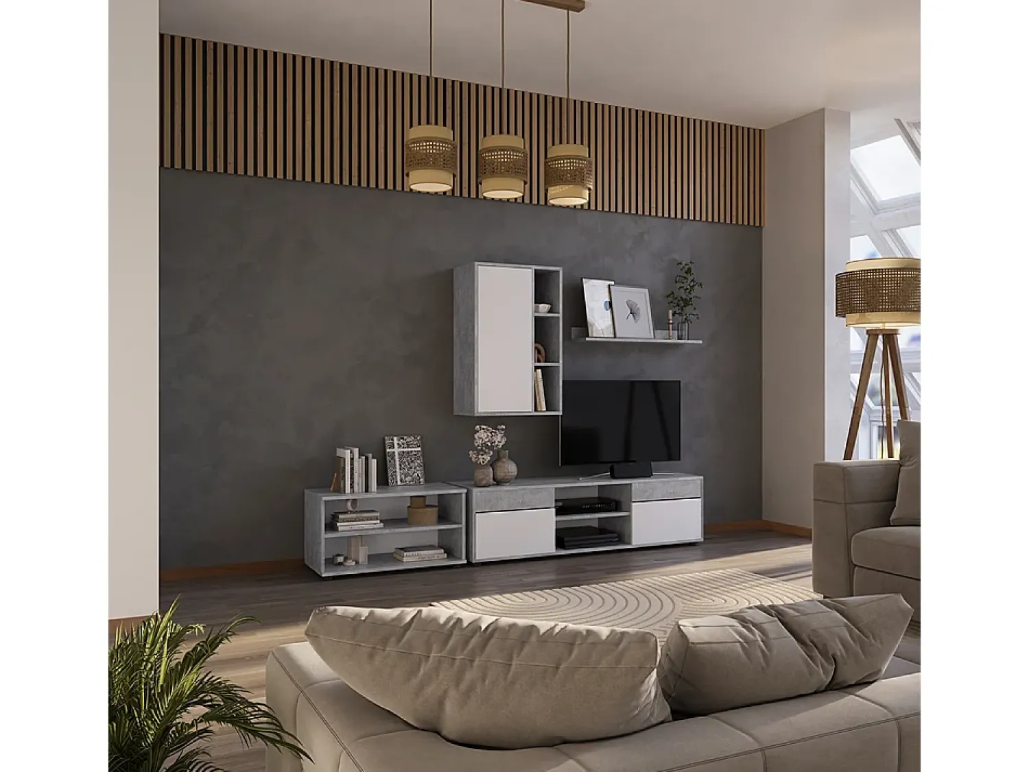 Móvel De Tv*Vicco Unidade de parede concreto/branco 139.8x35.4x38.9 berno Cinzento claro