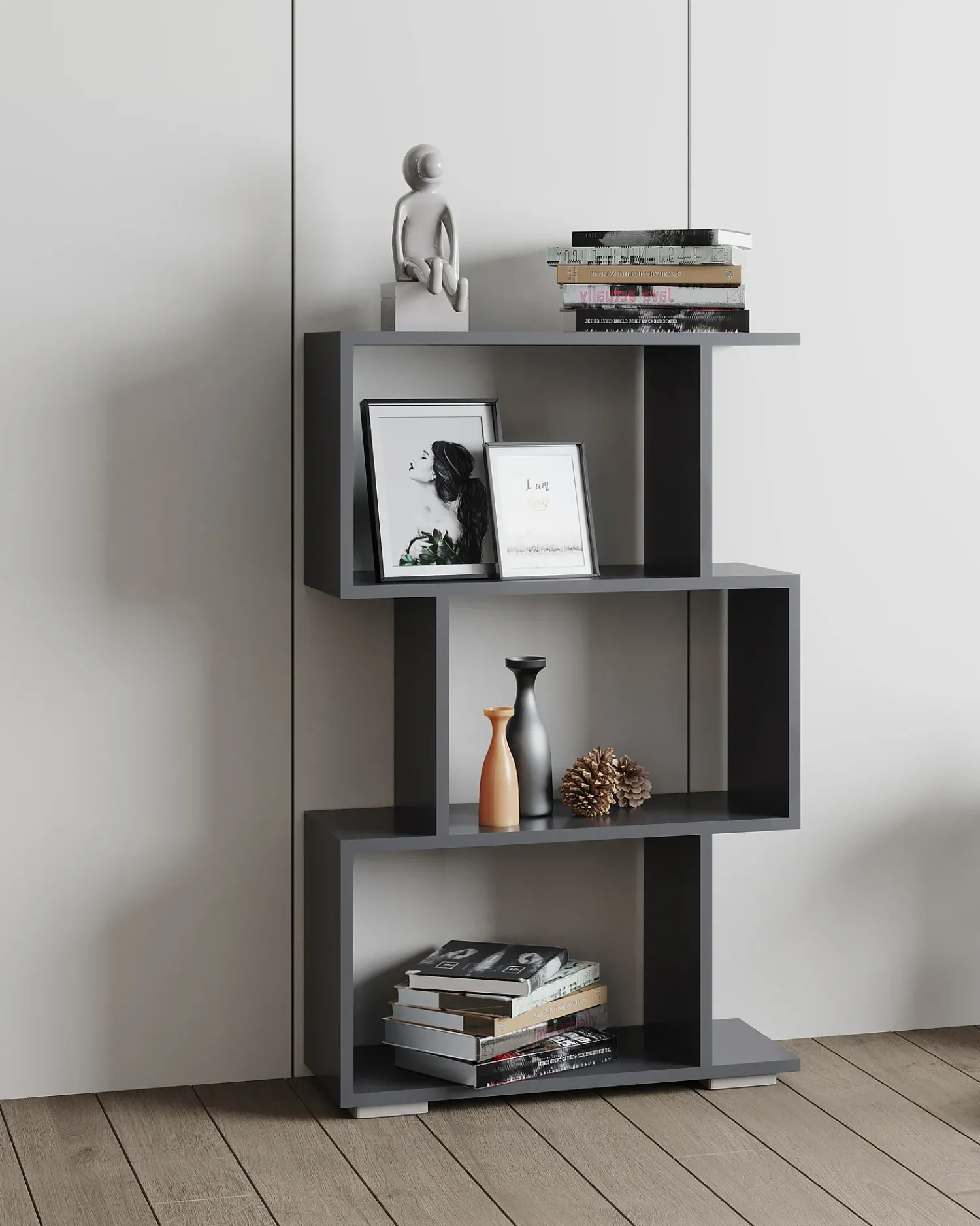 VCM Wood Room Divider Stand Shelf Bookshelf Decoração Livros Stand Shelf Palusa M (Anthracite)^ Prateleira