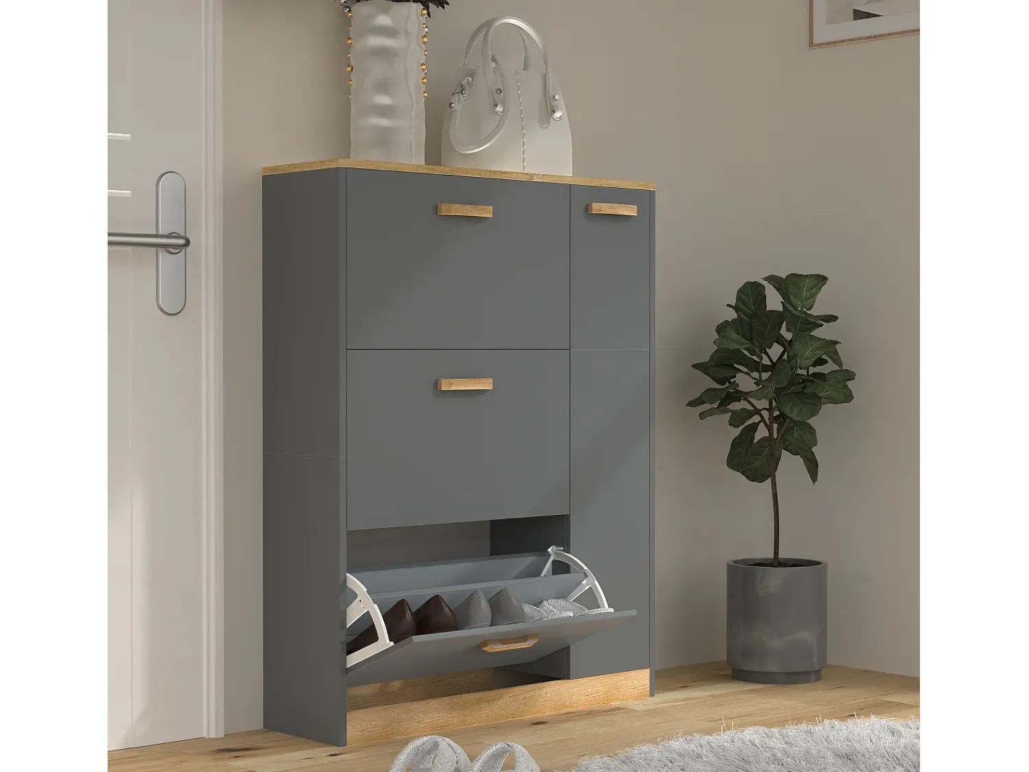 Móvel De Arrumação|Sapateira|VCM Wood Shelf Kipper Sapato Sapato Sapato Sapato Tipper 3 Flaps 1 Turning Door Halom L (Anthracite) Multicor