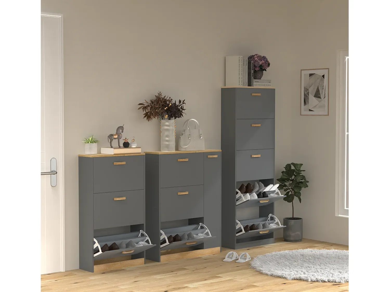 Móvel De Arrumação|Sapateira|VCM Wood Shelf Kipper Sapato Sapato Sapato Sapato Tipper 3 Flaps 1 Turning Door Halom L (Anthracite) Multicor