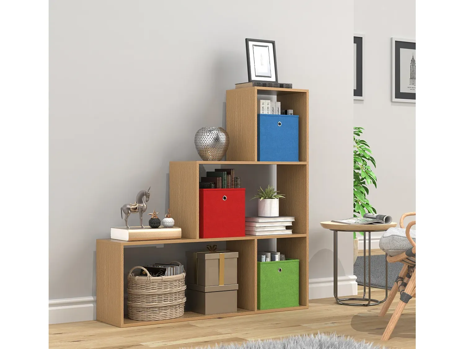 Prateleira*VCM Wood Stand Stair Shelf Stepped Shelf Shelf Room Divider Bookshelf Dubila M (Beech) Multicor