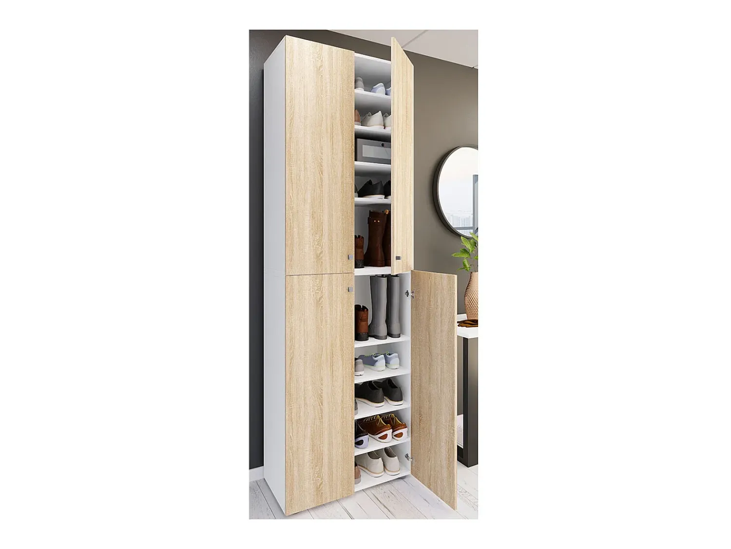 VCM XL Madeira Grande Sapato Gabinete Prateleira Grande Boots Boardcase Mobiliário Lona 10 Compartimentos Turning Doors (Branco / Sonoma Oak)^ Móvel De Arrumação|Sapateira