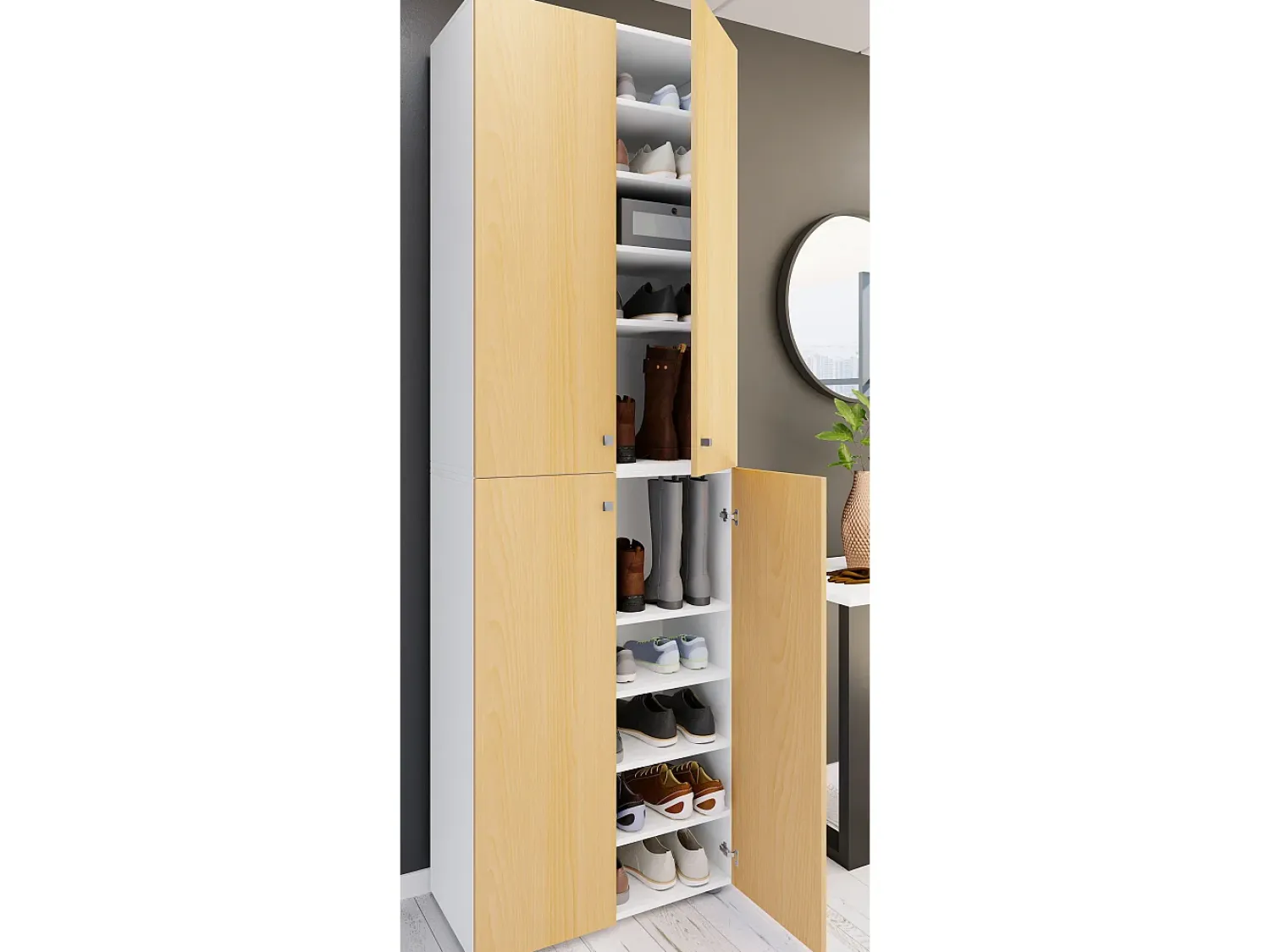 Hot VCM XL Madeira Grande Sapato Gabinete Prateleira Grande Botas Boardcase Mobiliário Lona 10 Compartimentos Turning Doors (Branco / Faia) Multicor
