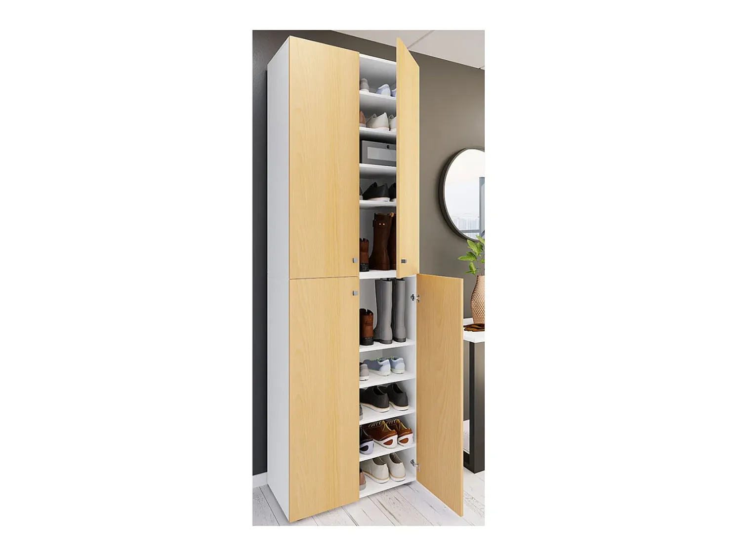 Hot VCM XL Madeira Grande Sapato Gabinete Prateleira Grande Botas Boardcase Mobiliário Lona 10 Compartimentos Turning Doors (Branco / Faia) Multicor