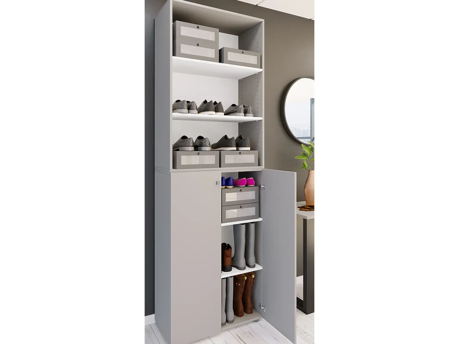 Outlet VCM XL Madeira Grande Sapato Armário Sapato Rack Botas Grandes Mobiliário de Piso Lona 6 Compartimentos (Branco / Cinza) Multicor