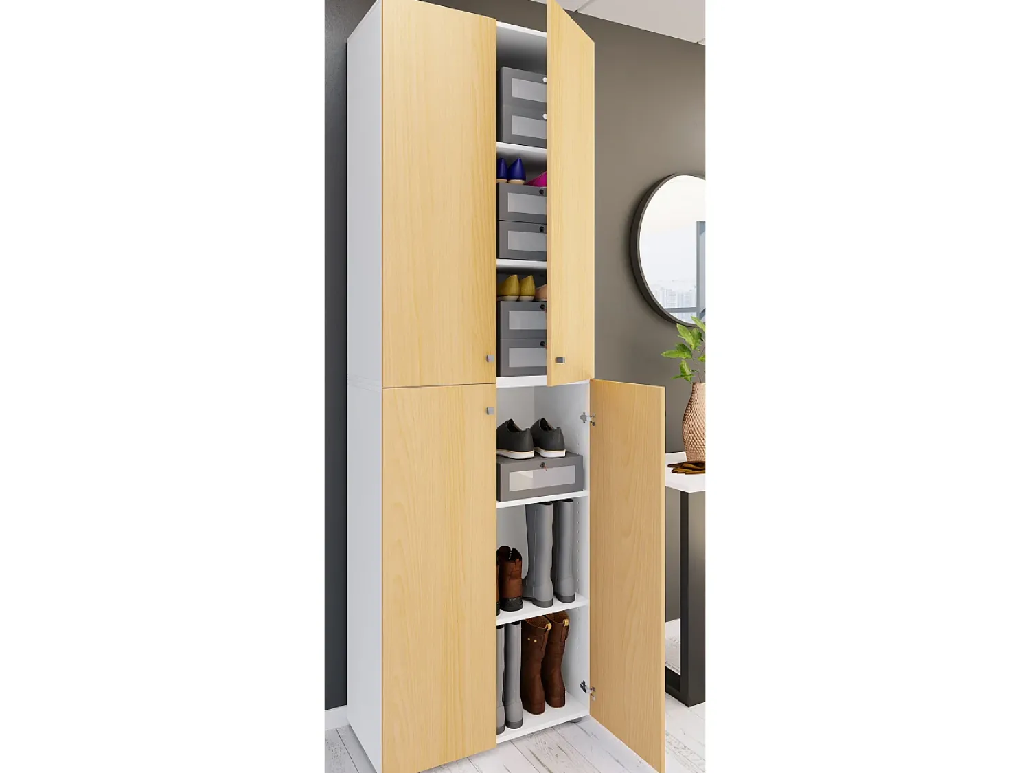 Móvel De Arrumação|Sapateira|VCM XL Madeira Grande Sapato Gabinete Prateleira Botas Grandes BoardFurniture Lona 6 Compartments Turning Doors (White / Beech) Multicor