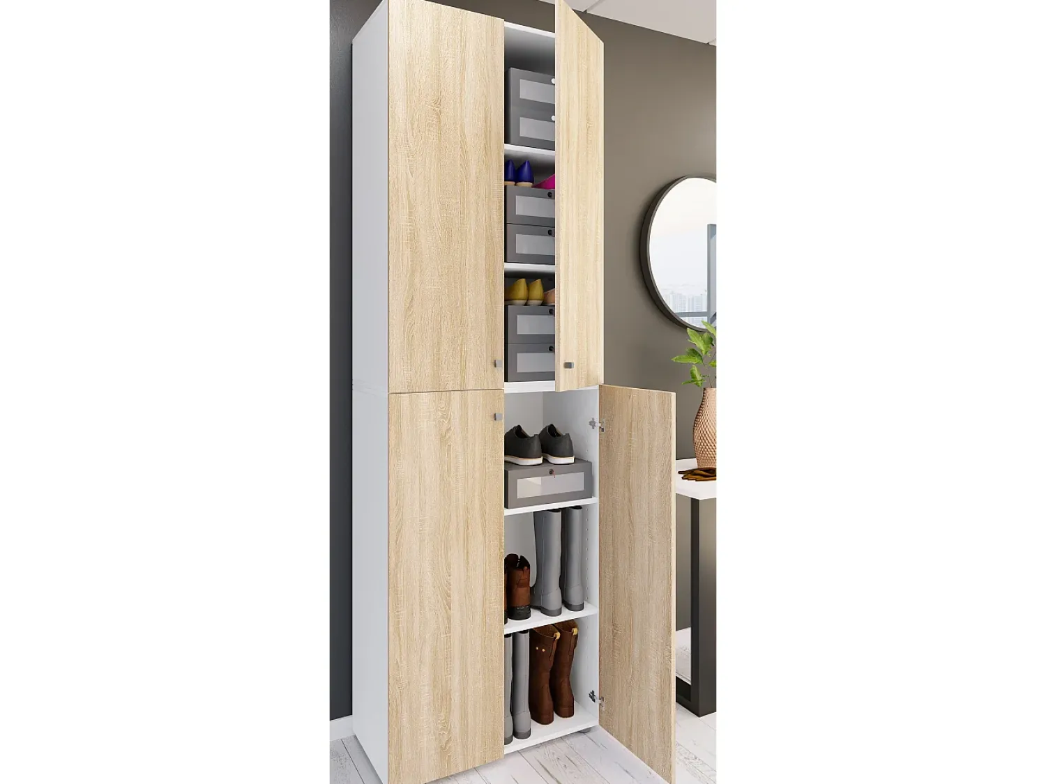 Móvel De Arrumação|Sapateira|VCM XL Madeira Grande Sapato Armário Prateleira Grandes Botas Mobiliário de Piso Lona 6 Compartimentos Turning Doors (Branco / Sonoma Carvalho) Multicor