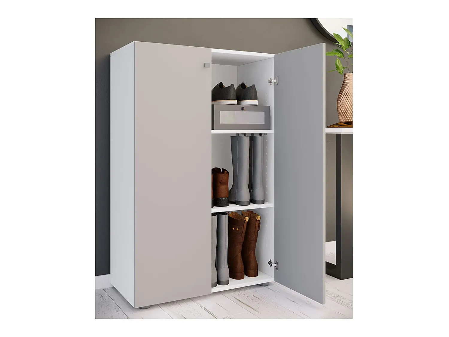 New VCM XL Madeira Grande Sapato Gabinete Prateleira Grandes Botas Móveis de Piso Lona 3 Compartimentos (Branco / Cinza) Multicor