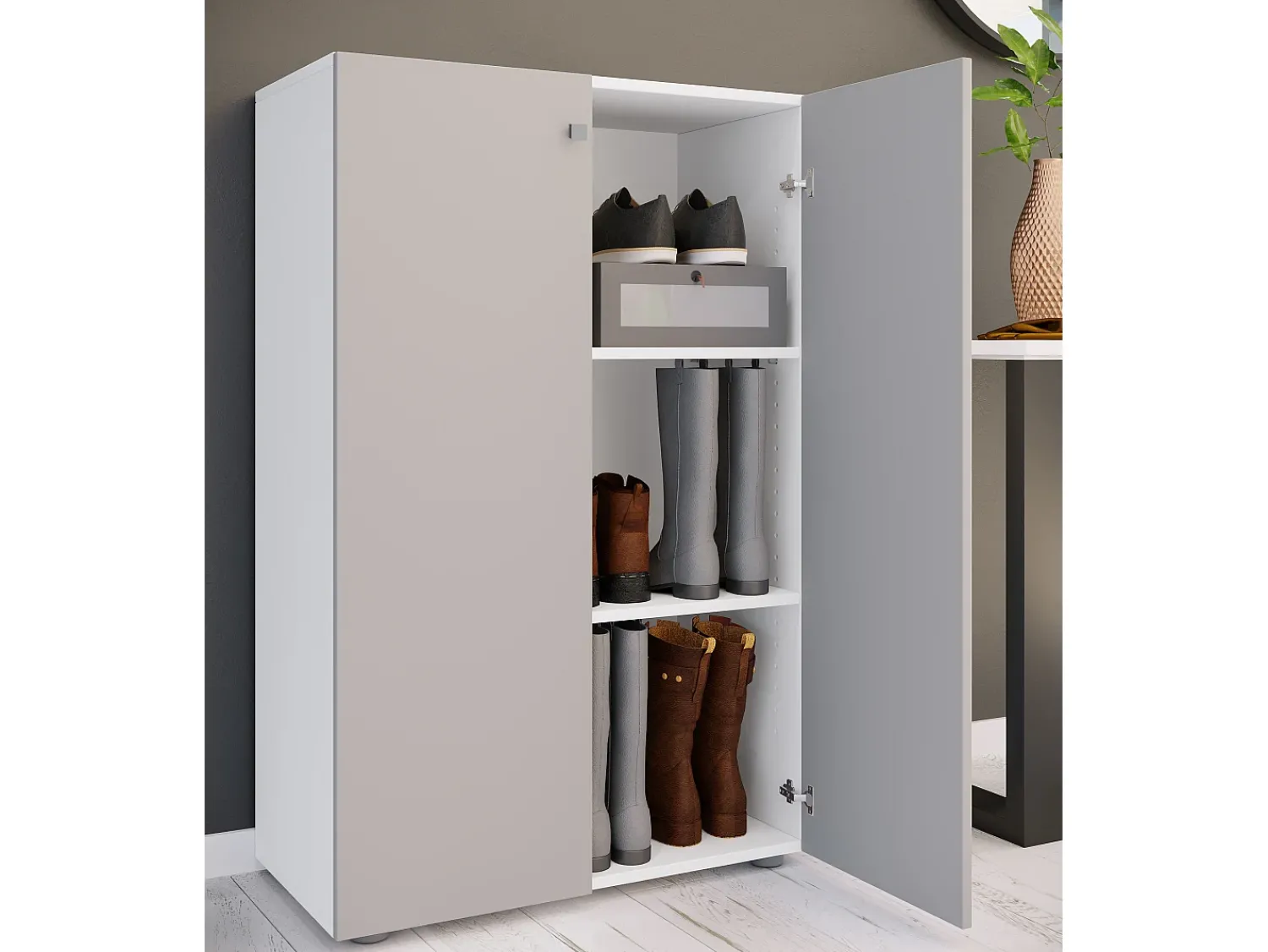 New VCM XL Madeira Grande Sapato Gabinete Prateleira Grandes Botas Móveis de Piso Lona 3 Compartimentos (Branco / Cinza) Multicor