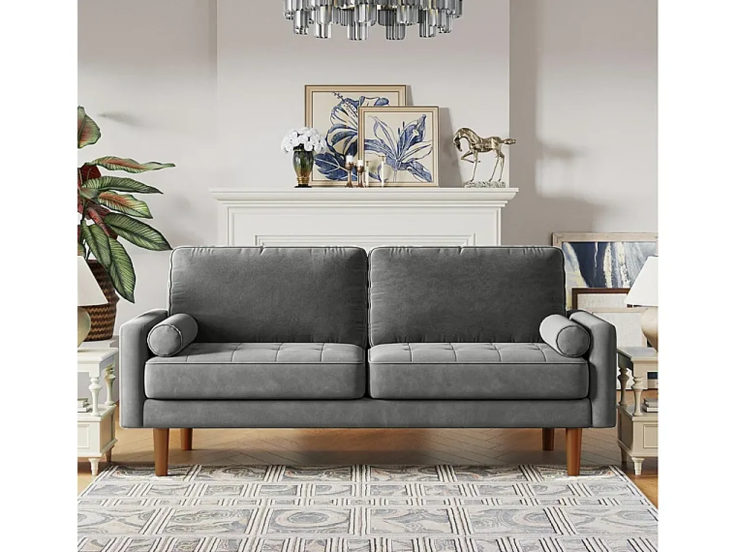 Sofá|DripeX Veludo cinza e sofá de veludo de madeira maciça - 3 lugares - carga máxima 300kg - 176x78x85cm Cinzento