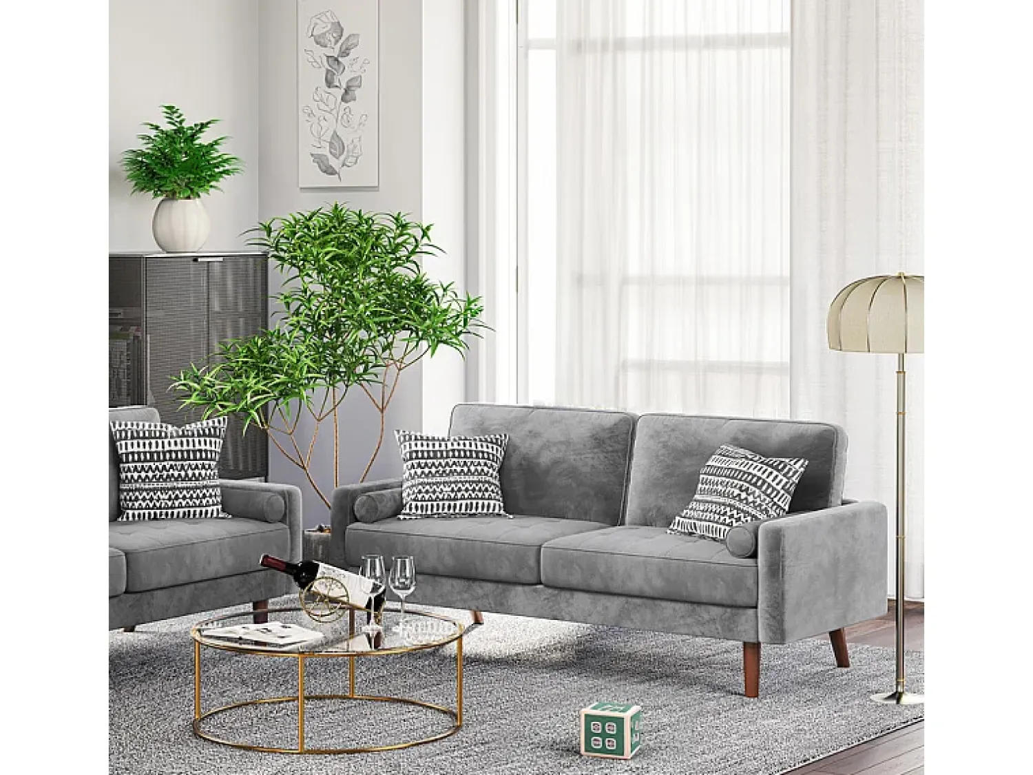 Sofá|DripeX Veludo cinza e sofá de veludo de madeira maciça - 3 lugares - carga máxima 300kg - 176x78x85cm Cinzento
