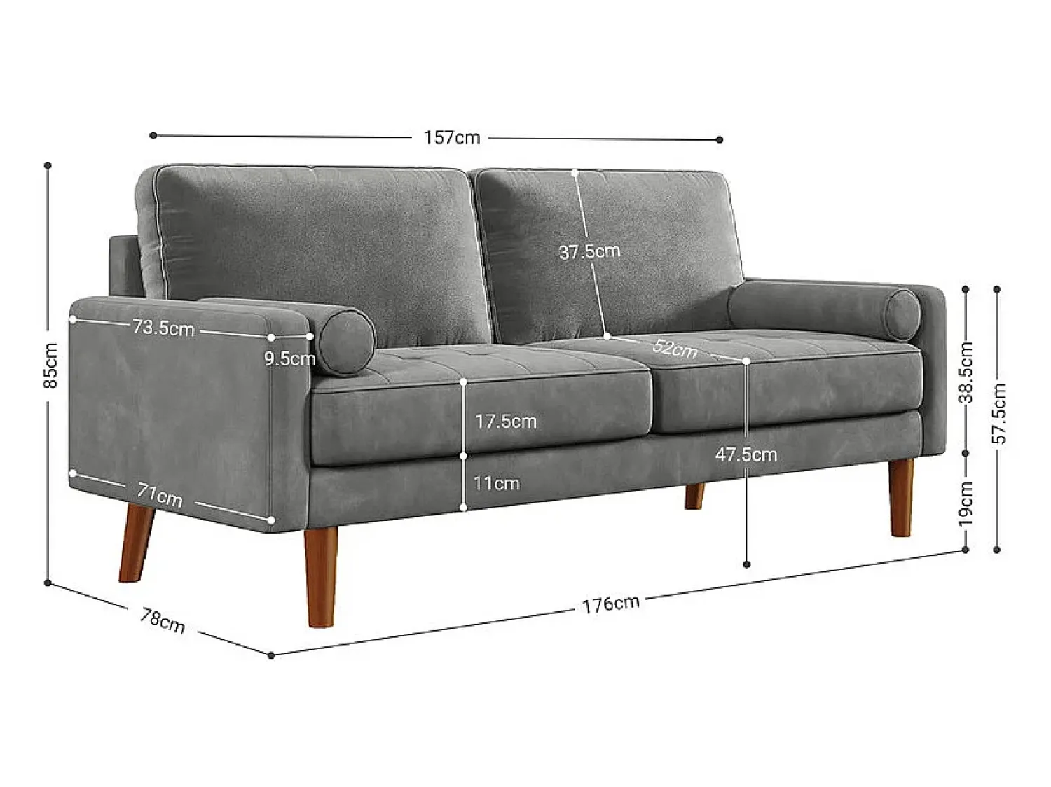 Sofá|DripeX Veludo cinza e sofá de veludo de madeira maciça - 3 lugares - carga máxima 300kg - 176x78x85cm Cinzento
